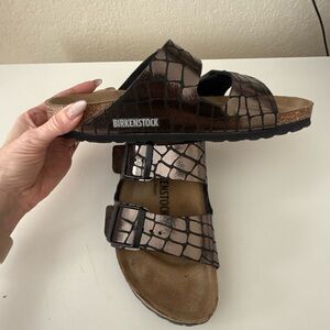 Birkenstock Metallic Copper and Black Croc-Embossed Sandals